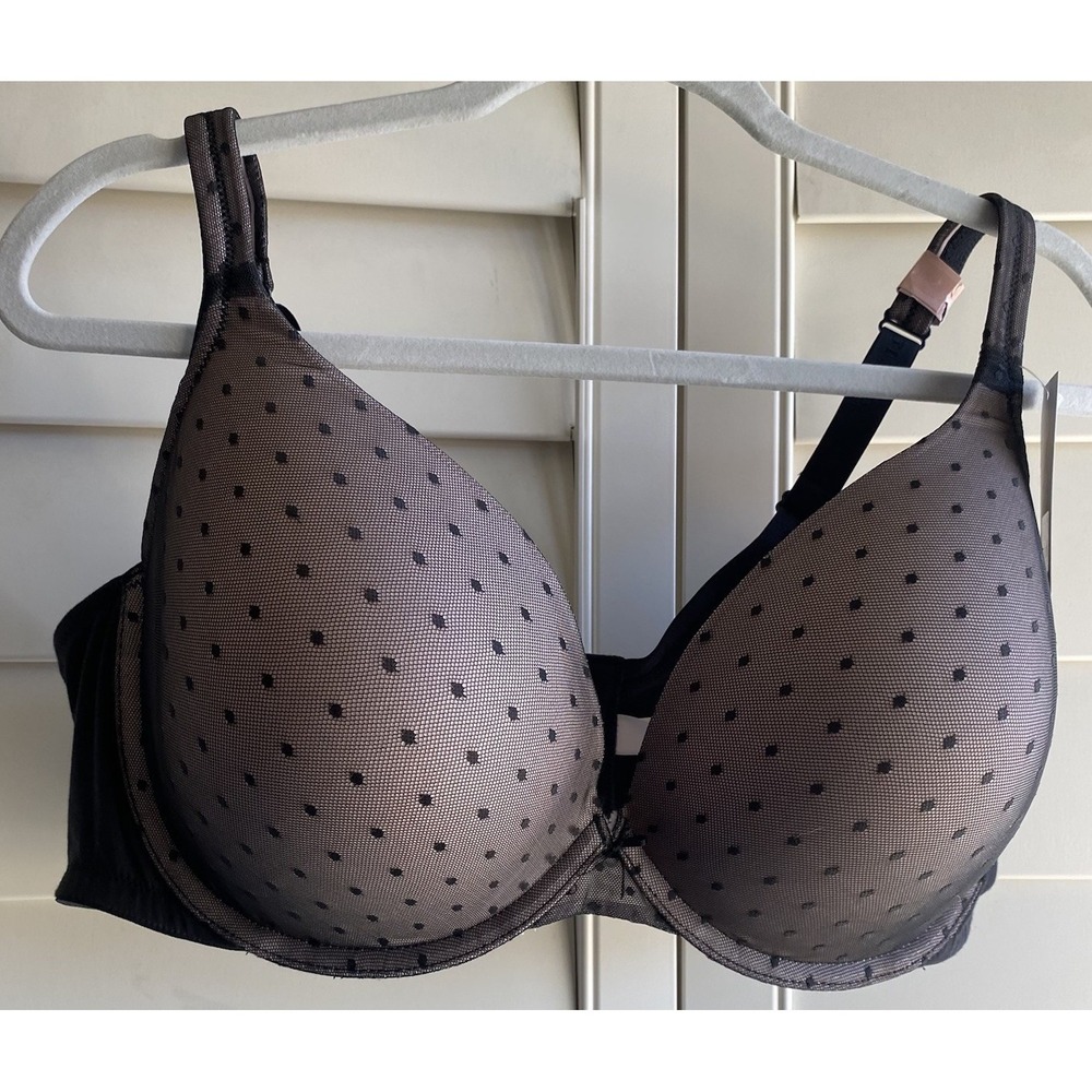 Cacique Lane Bryant 46D Boost Plunge Bra Padded Black Polka Dot Mesh Wired NWT
